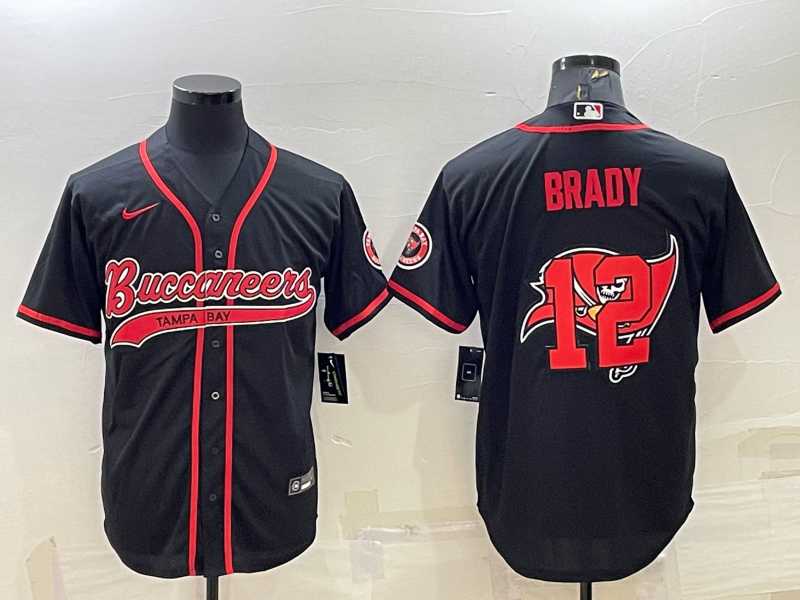 Men's Tampa Bay Buccaneers #12 Tom Brady Black Team Big Logo With Patch Cool Base Stitched Baseball Jersey